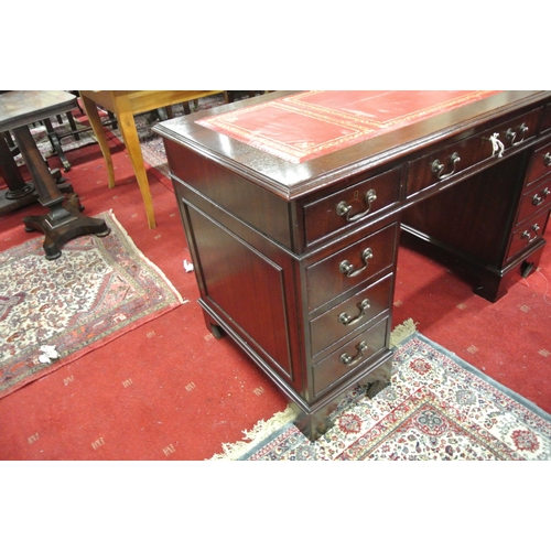 125 - Edwardian pedestal office desk with leatherette inset, three frieze drawers, six pedestal drawers, w... 