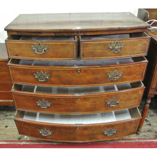 130 - Edwardian inlaid and crossbanded mahogany and rosewood bow front chest of two short and three long d... 