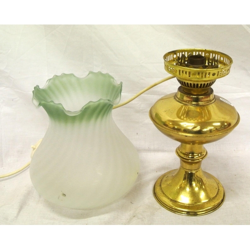 133 - Victorian style brass table lamp with baluster shaped green tinted glass shade