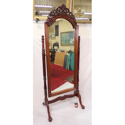 141 - Edwardian design mahogany cheval mirror with scroll and shell decorated frieze, domed top, bevelled ... 