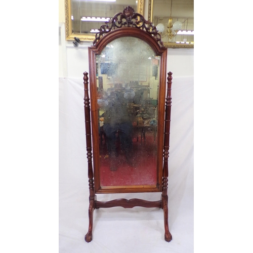 141 - Edwardian design mahogany cheval mirror with scroll and shell decorated frieze, domed top, bevelled ... 