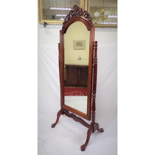 141 - Edwardian design mahogany cheval mirror with scroll and shell decorated frieze, domed top, bevelled ... 