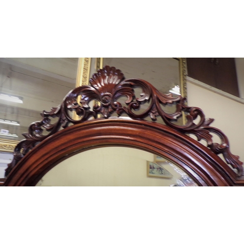 141 - Edwardian design mahogany cheval mirror with scroll and shell decorated frieze, domed top, bevelled ... 