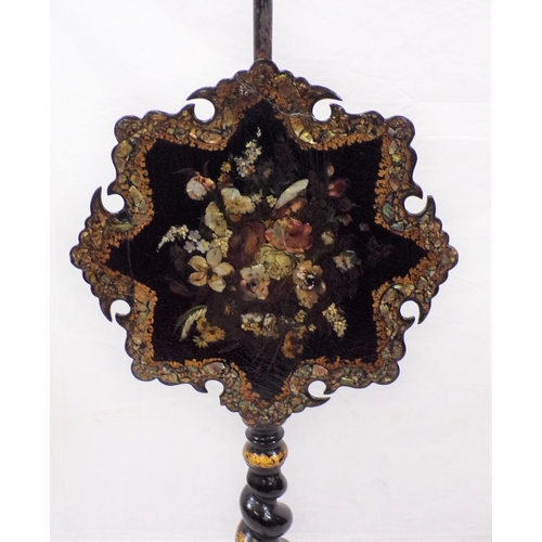 146 - Victorian pole screen with ornate mother of pearl and foliate decorated adjustable screen, on gilt d... 