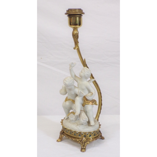 148 - Ornate figured electric lamp with shaped brass base and column,  decorated with two Parian figures o... 