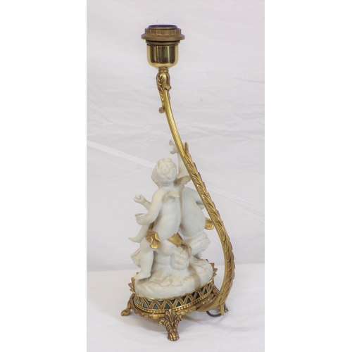 148 - Ornate figured electric lamp with shaped brass base and column,  decorated with two Parian figures o... 