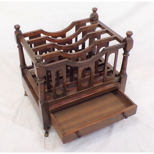 149 - Victorian design mahogany sectioned canterbury with shaped rails and finials, frieze drawer with bun... 