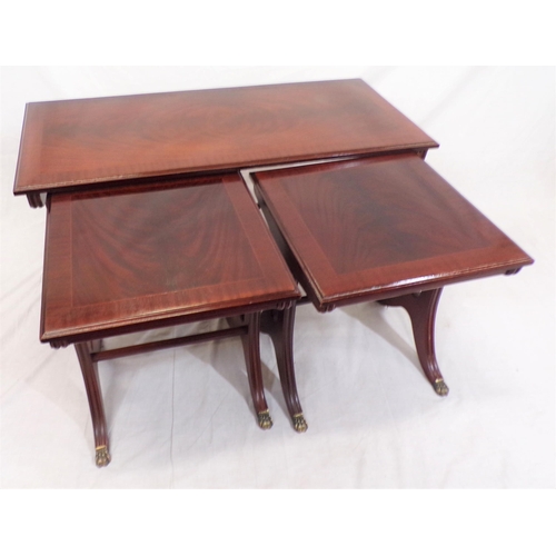 159 - Edwardian inlaid and crossbanded nest of one long and two square tables with shaped reeded legs and ... 