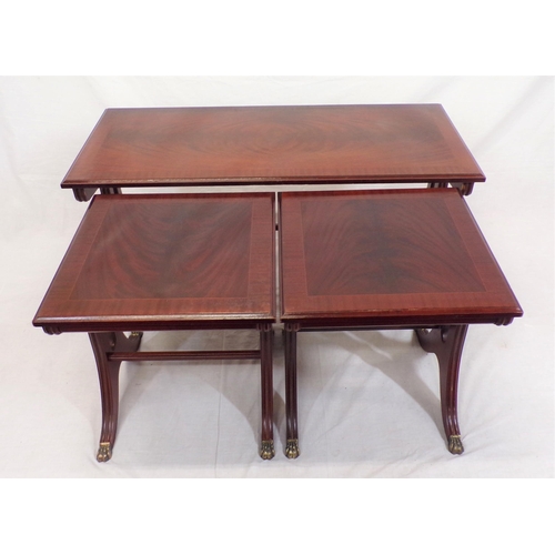 159 - Edwardian inlaid and crossbanded nest of one long and two square tables with shaped reeded legs and ... 