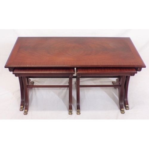 159 - Edwardian inlaid and crossbanded nest of one long and two square tables with shaped reeded legs and ... 