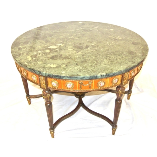 165 - French round marble topped table with ornate ormolu mounts and enamed figured panels, reeded legs an... 