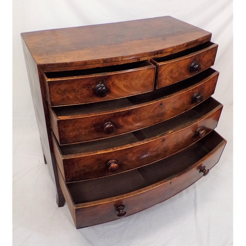 170 - Victorian walnut bow fronted chest of 5two short and three long drawers with round handles, on brack... 