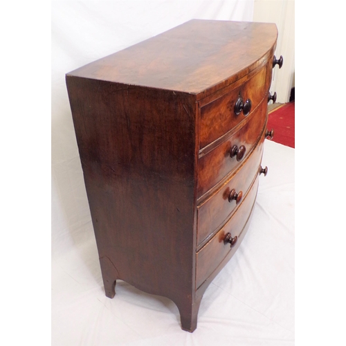 170 - Victorian walnut bow fronted chest of 5two short and three long drawers with round handles, on brack... 