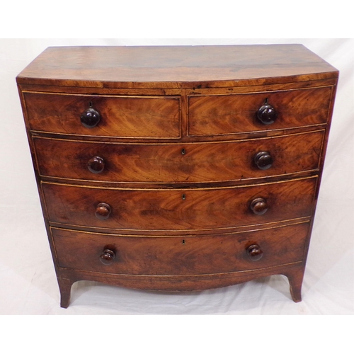 170 - Victorian walnut bow fronted chest of 5two short and three long drawers with round handles, on brack... 