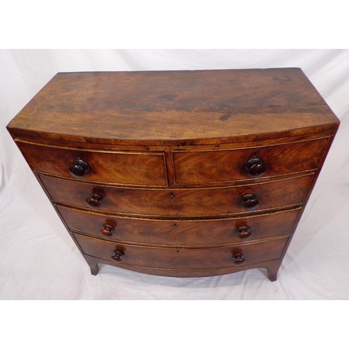 170 - Victorian walnut bow fronted chest of 5two short and three long drawers with round handles, on brack... 