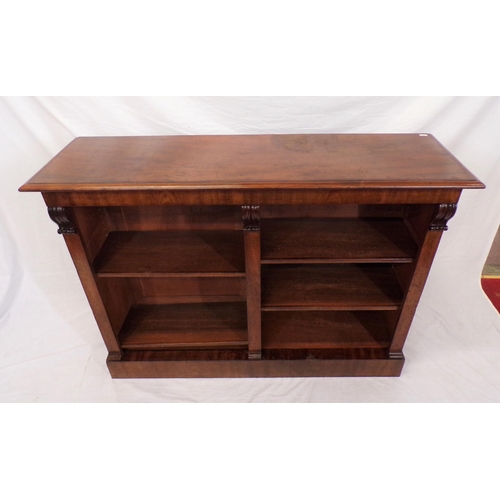 175 - Edwardian mahogany open bookcase with scroll decoration,  adjustable shelving, on oblong plinth