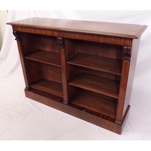 175 - Edwardian mahogany open bookcase with scroll decoration,  adjustable shelving, on oblong plinth