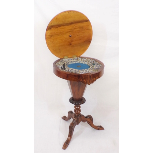 186 - Victorian inlaid mahogany and walnut round sewing table with inlaid lift-up lid, sectioned interior,... 