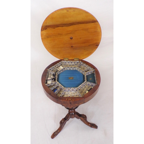 186 - Victorian inlaid mahogany and walnut round sewing table with inlaid lift-up lid, sectioned interior,... 