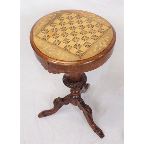 186 - Victorian inlaid mahogany and walnut round sewing table with inlaid lift-up lid, sectioned interior,... 