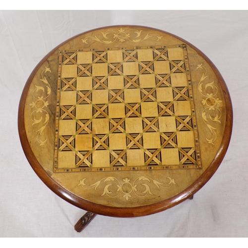 186 - Victorian inlaid mahogany and walnut round sewing table with inlaid lift-up lid, sectioned interior,... 