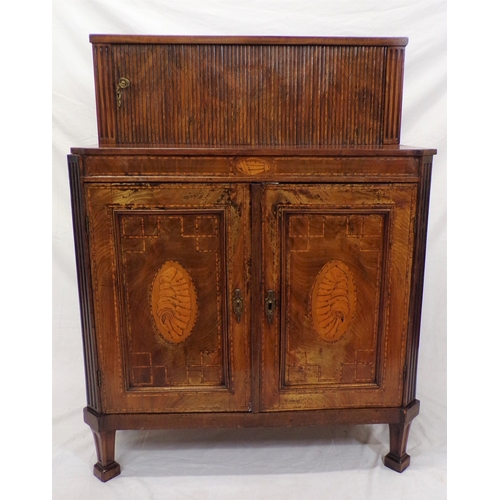 190 - Georgian style inlaid and crossbanded mahogany and satinwood cabinet, the top with tambour front and... 