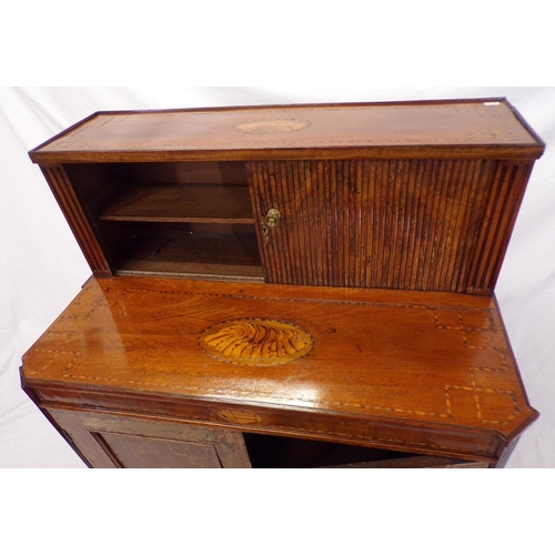 190 - Georgian style inlaid and crossbanded mahogany and satinwood cabinet, the top with tambour front and... 