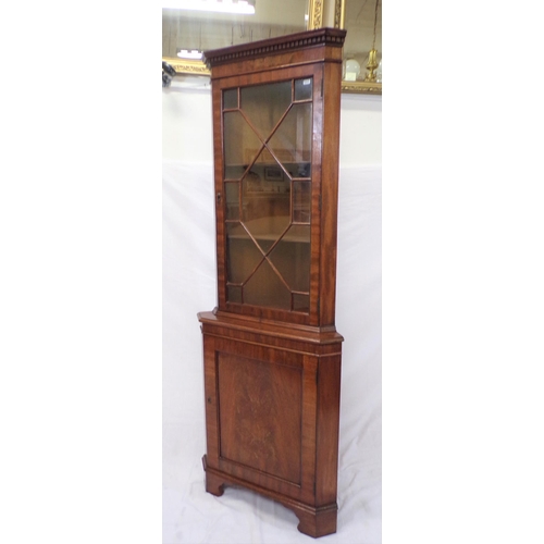 210 - Edwardian mahogany corner display cabinet with glazed door, shelved interior, shelved press under, o... 