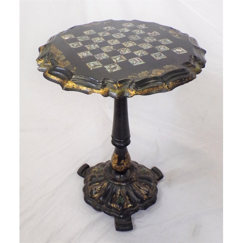 225 - Victorian papier-mache occasional table with tip-up top, mother of pearl inlay, gilt decoration, on ... 