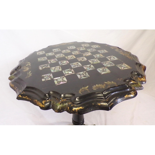 225 - Victorian papier-mache occasional table with tip-up top, mother of pearl inlay, gilt decoration, on ... 