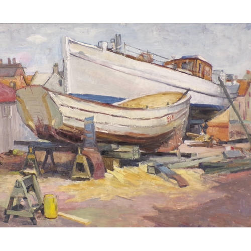 272 - Adam Conn 'Boats in a yard' oil on board 40x50cm signed