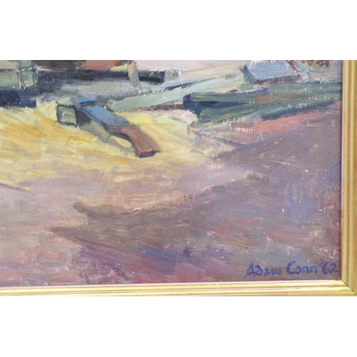 272 - Adam Conn 'Boats in a yard' oil on board 40x50cm signed