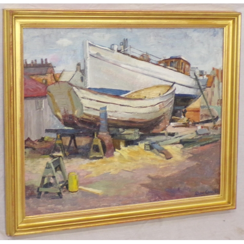 272 - Adam Conn 'Boats in a yard' oil on board 40x50cm signed