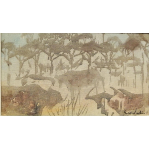 275 - Gordon Vorster (1924-1988) 'Wildebeest and thirns' oil on board 16x28cm signed