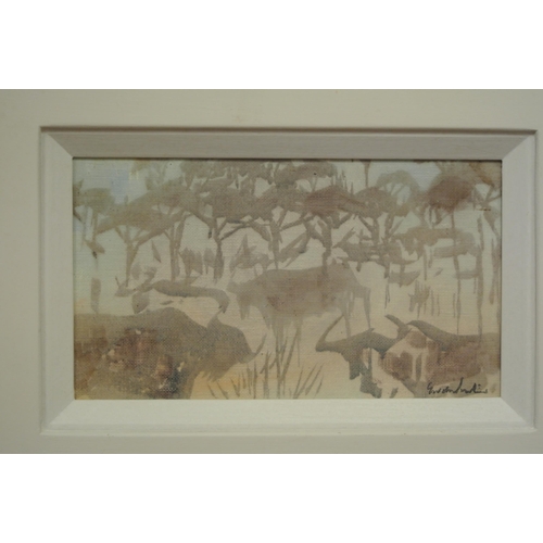 275 - Gordon Vorster (1924-1988) 'Wildebeest and thirns' oil on board 16x28cm signed