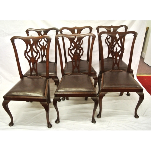 290 - Set of six Hepplewhite style mahogany dining chairs with pierced splats, leather drop-in seats, on c... 