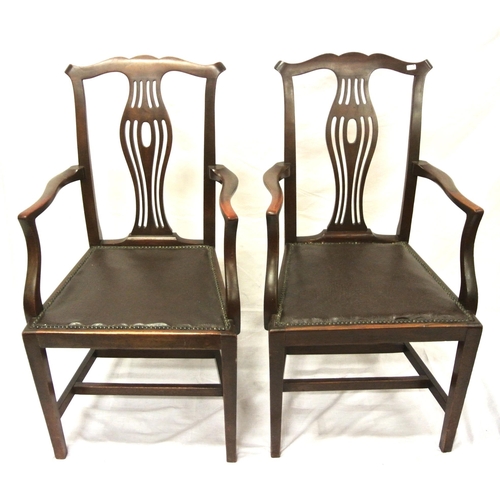 296 - Pair of Georgian style mahogany carver armchairs with pierced wheatsheaf splats, leather seats, shap... 