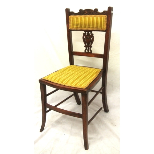 298 - Edwardian mahogany occasional chair with scroll decoration, pierced splat, upholstered striped seat,... 