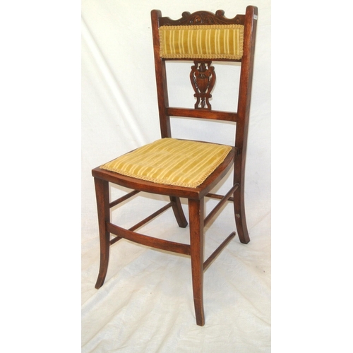 298 - Edwardian mahogany occasional chair with scroll decoration, pierced splat, upholstered striped seat,... 