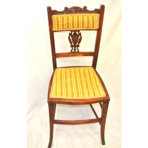 298 - Edwardian mahogany occasional chair with scroll decoration, pierced splat, upholstered striped seat,... 