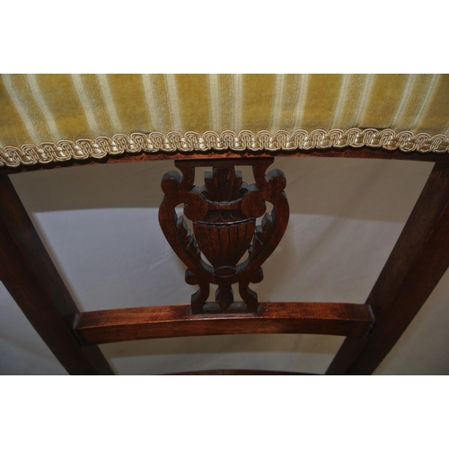 298 - Edwardian mahogany occasional chair with scroll decoration, pierced splat, upholstered striped seat,... 