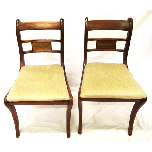 299 - Pair of Edwardian occasional chairs with railed backs, upholstered seats, on sabre legs