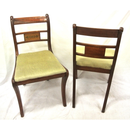 299 - Pair of Edwardian occasional chairs with railed backs, upholstered seats, on sabre legs