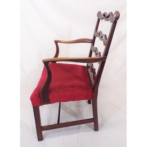 300 - Georgian style mahogany open armchair with pierced rail back, shaped arms, upholstered seat, on squa... 