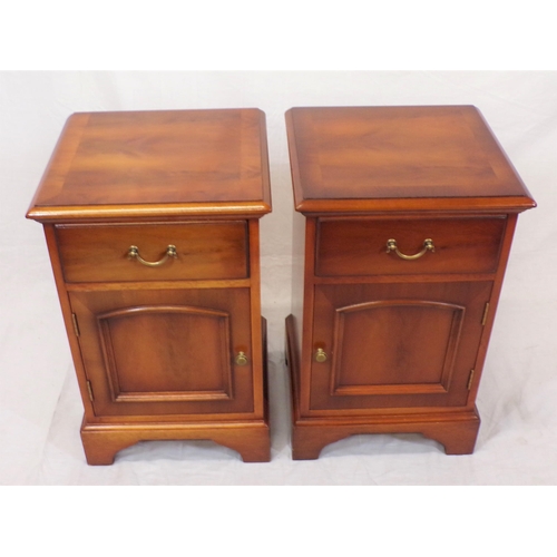 46 - Pair of Edwardian style yew lockers with frieze drawers, presses under, brass handles, on bracket fe... 