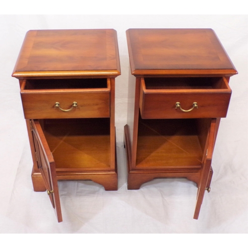 46 - Pair of Edwardian style yew lockers with frieze drawers, presses under, brass handles, on bracket fe... 