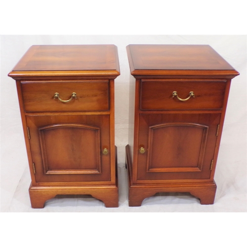 46 - Pair of Edwardian style yew lockers with frieze drawers, presses under, brass handles, on bracket fe... 