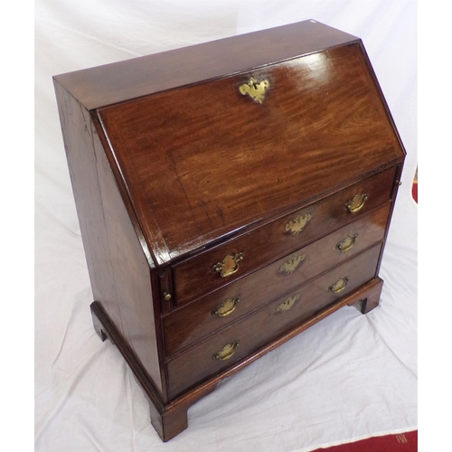 60 - George III mahogany bureau with drop down front pull out supports, fittedinterior, three drawers und... 