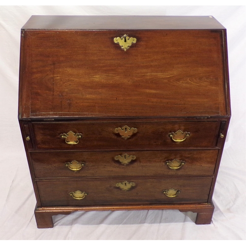 60 - George III mahogany bureau with drop down front pull out supports, fittedinterior, three drawers und... 