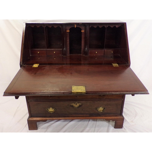 60 - George III mahogany bureau with drop down front pull out supports, fittedinterior, three drawers und... 